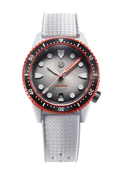 Zelos Mako 300m Diver Solar Flare, white Cerakote case, orange Cerakote bezel, grey fumé dial, on white rubber strap