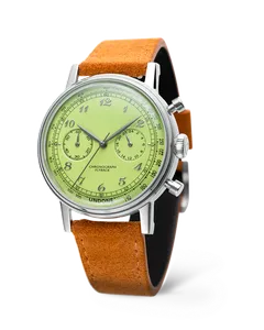 Undone Urban Vintage Pistachio Crisp chronograph with pistachio green dial on a tan suede strap