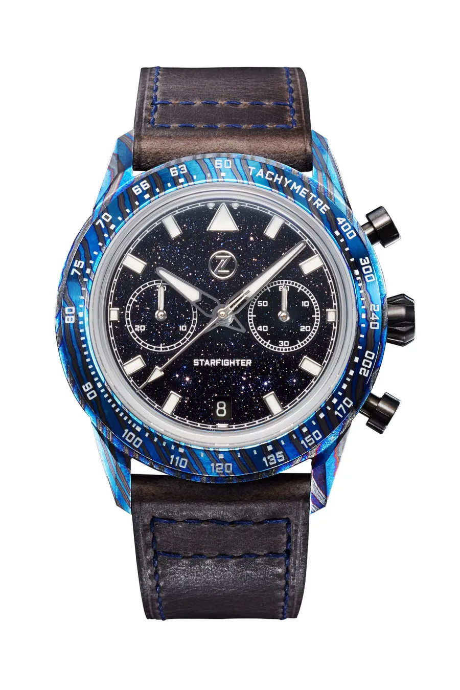 Zelos Starfighter ZircTi Chronograph Aventurine, blue-torched ZircTi case and tachymeter bezel, aventurine dial, on dark leather strap
