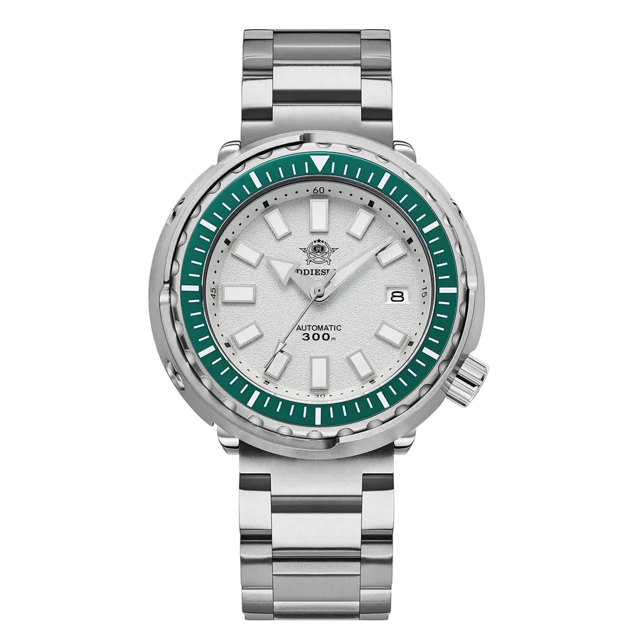 Addiesdive AD2090 tuna-style diver with white dial and teal green bezel on a three-link bracelet