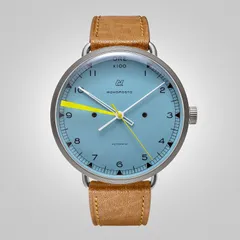 Autodromo Monoposto Series Two, Azzurro pale blue dial with yellow hour hand, on tan leather strap