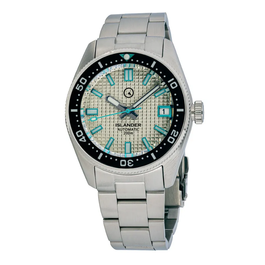 Islander 38mm dive watch ISL-125 with grey waffle dial, blue accents and black ceramic bezel