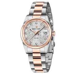 Pagani Design PD-1794M with silver monogram-textured dial and stone markers, polished rose-gold-tone bezel