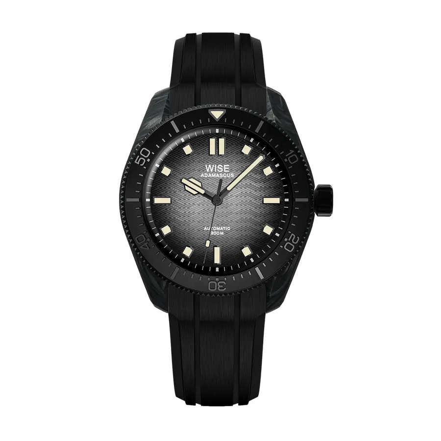 Wise Adamascus AD8111CB in forged carbon, dark grey gradient wavy dial, on black FKM rubber strap