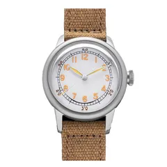 Thorn A11 (SHY040) in steel with white dial and orange numerals on a khaki canvas strap