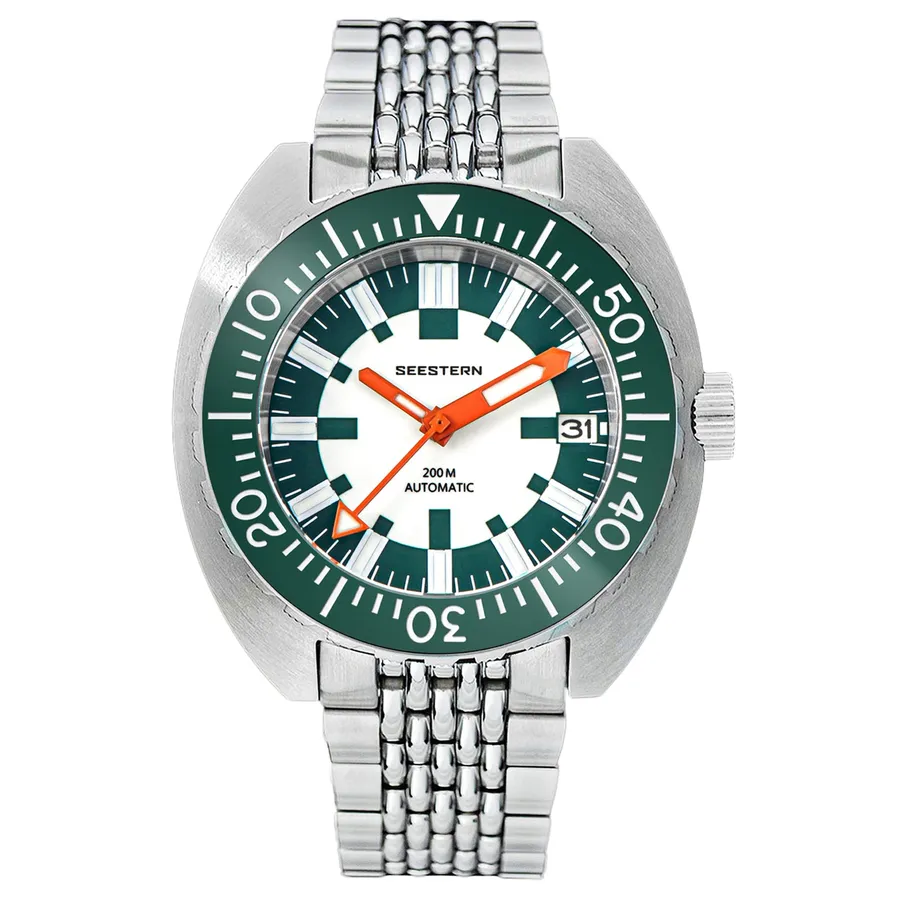 Seestern S406-2.01 with white checkered dial and green bezel on beads-of-rice bracelet