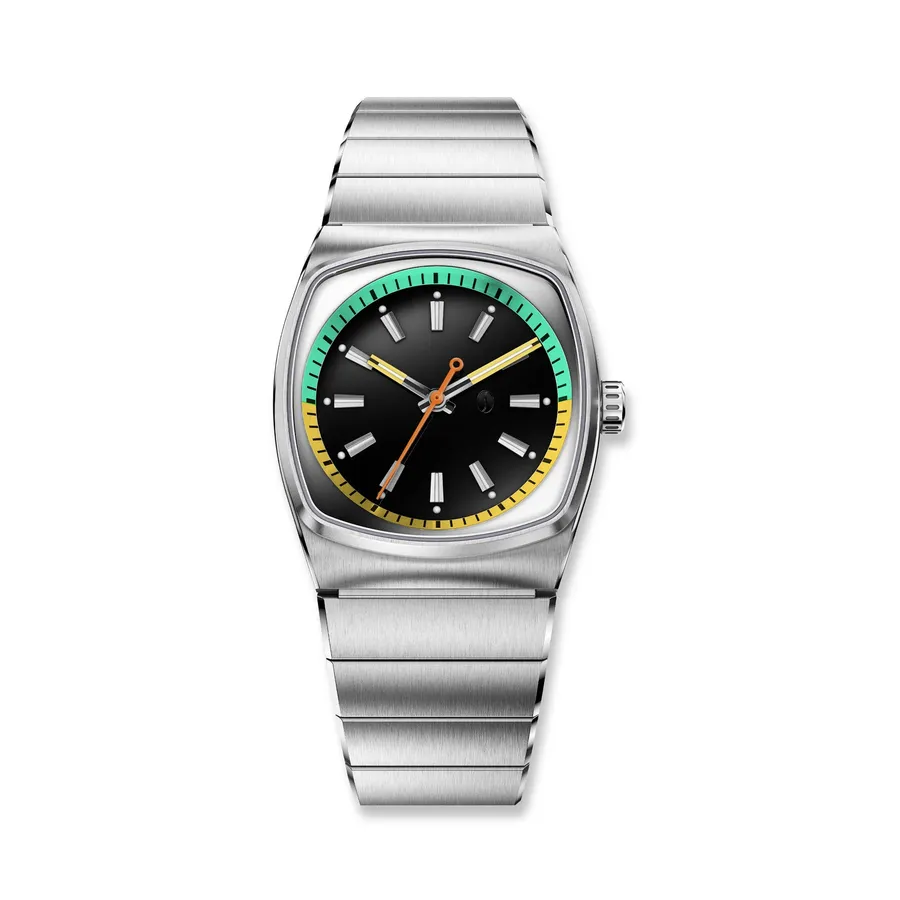 Brew Metric Lite Retro, black dial with multi-colour flange, on steel bracelet