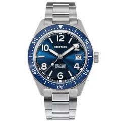 Seestern S434-2.03 with blue dial and blue ceramic bezel on steel bracelet