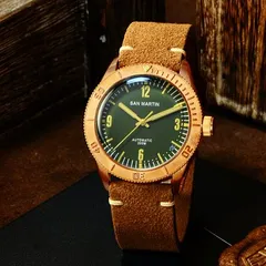 San Martin SN042-Q bronze diver with green dial on brown suede strap