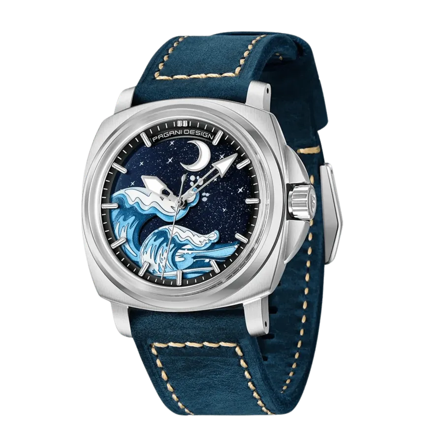 Pagani Design PD-YS014 cushion-case watch with blue sparkle dial, raised wave and crescent moon motif, on blue leather strap
