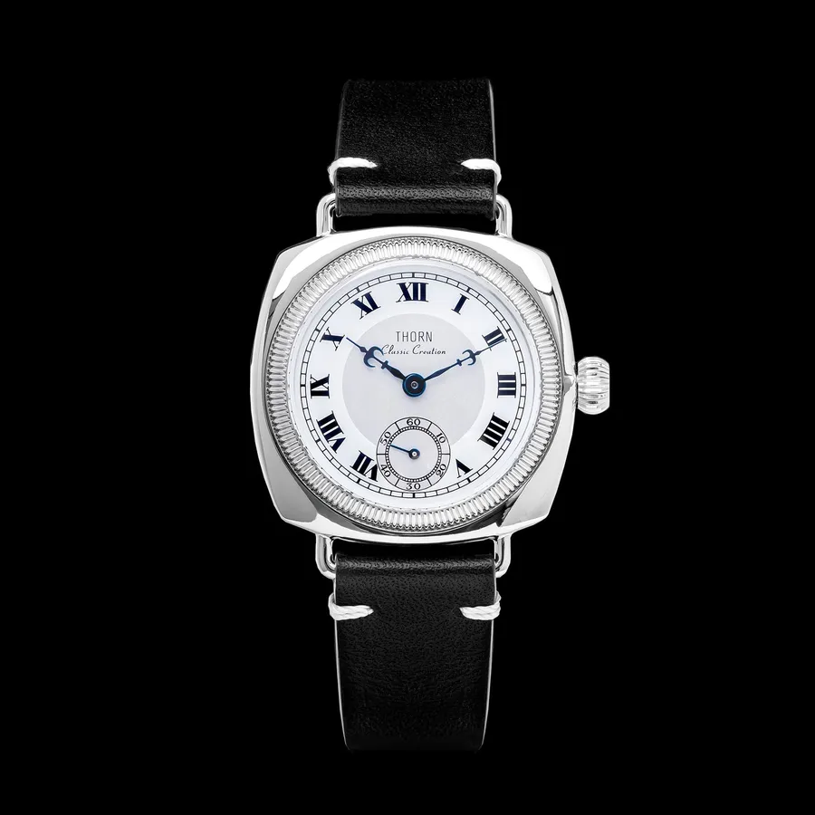 Thorn T002 cushion-cased watch with silver Roman-numeral small-seconds dial on a black leather strap