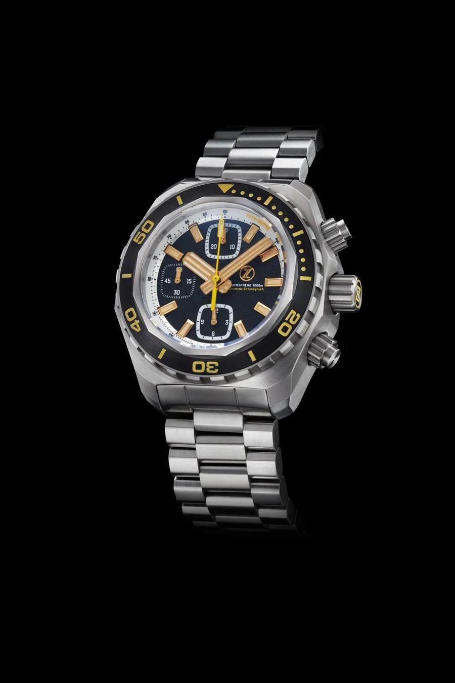 Zelos Hammerhead Chrono in steel, black sand dial with gilt hands, black ceramic bezel, on steel bracelet