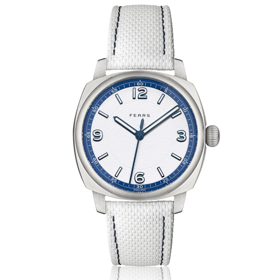 Fears Brunswick 40 Helmsman ES with white textured dial and Marine Blue chapter ring on a white FKM strap