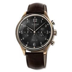 Tusenö First 42, rose gold case, black dial, on brown leather strap