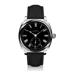 Fears Brunswick 40 Silver Noir in sterling silver with black dial and white Roman numerals on a black leather strap