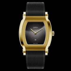MAEN Grand Tonneau Ultra Thin MNL.06 with gold-plated case and black fumé dial on black rubber strap