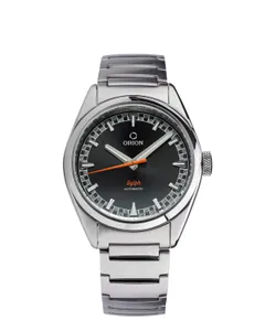 Orion Sylph Graphite, gray sunburst dial with orange seconds hand, on bracelet