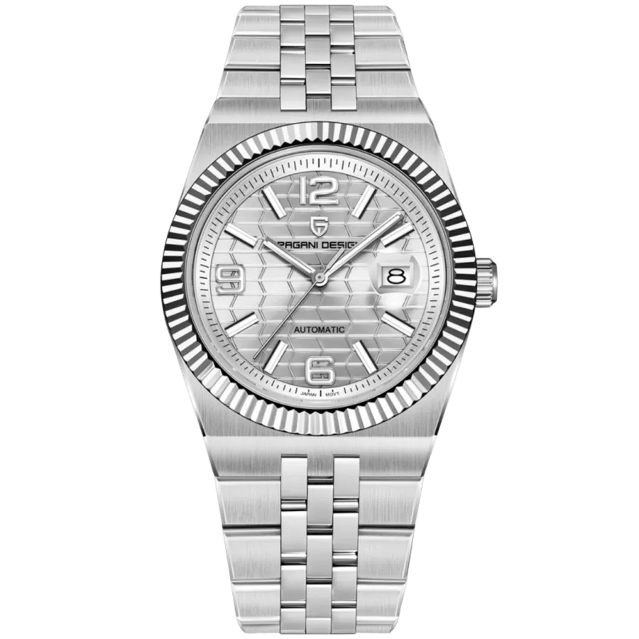 Pagani Design PD-YS027 with silver brick-pattern dial, date at 3, fluted bezel and jubilee-style integrated bracelet