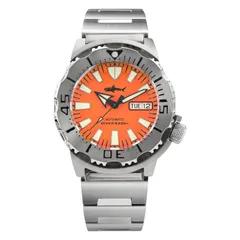 Heimdallr Sharkey Ocean Monster V2 with orange dial and black-edged hands on steel bracelet