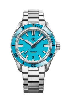 Zelos Swordfish 40mm SS Sky Blue, fully lumed light blue dial and bezel, on bracelet