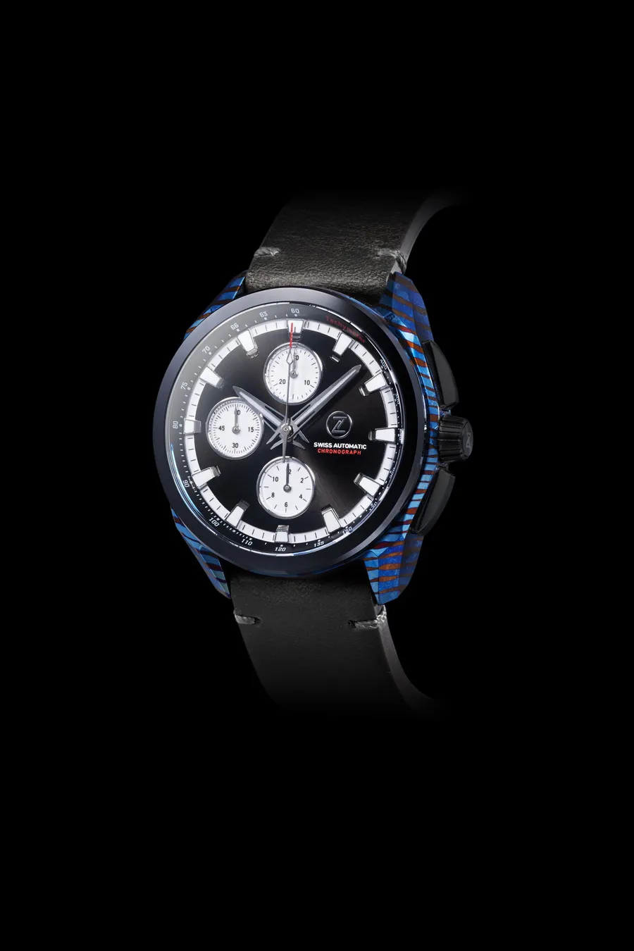 Zelos ZX-7 Automatic Chronograph, blue and orange Ti-Damascus case, black ceramic bezel, black sunburst dial with white subdials, on black leather strap