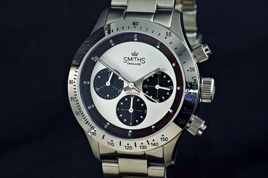 Timefactors Smiths Vanguard PRS-32, white panda chronograph dial with black sub-dials and steel tachymeter bezel, on bracelet