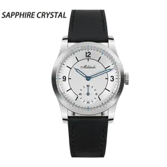Militado ML09 (Sapphire) with white dial and blued pencil hands on black leather strap