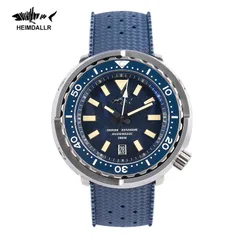 Heimdallr Titanium Tuna Can with blue dial and blue bezel on blue rubber strap