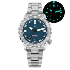 Militado ML20 (PT5000) Date with blue dial and broad-arrow logo, brushed case, on steel bracelet