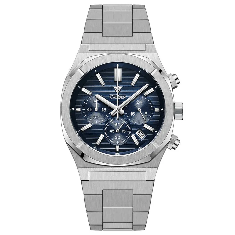 Cadisen C7062 chronograph with ribbed blue dial and octagonal bezel on an integrated steel bracelet