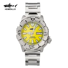 Heimdallr Sharkey Ocean Monster V2 with yellow dial and silver-edged hands on steel bracelet