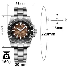 Addiesdive AD2537 dimension graphic (41mm, 48mm lug-to-lug, 13mm, 20mm, 220mm bracelet, 160g)