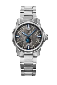 Zelos Aurora Moonphase, meteorite dial with blue accents and moon phase at 6, on titanium bracelet