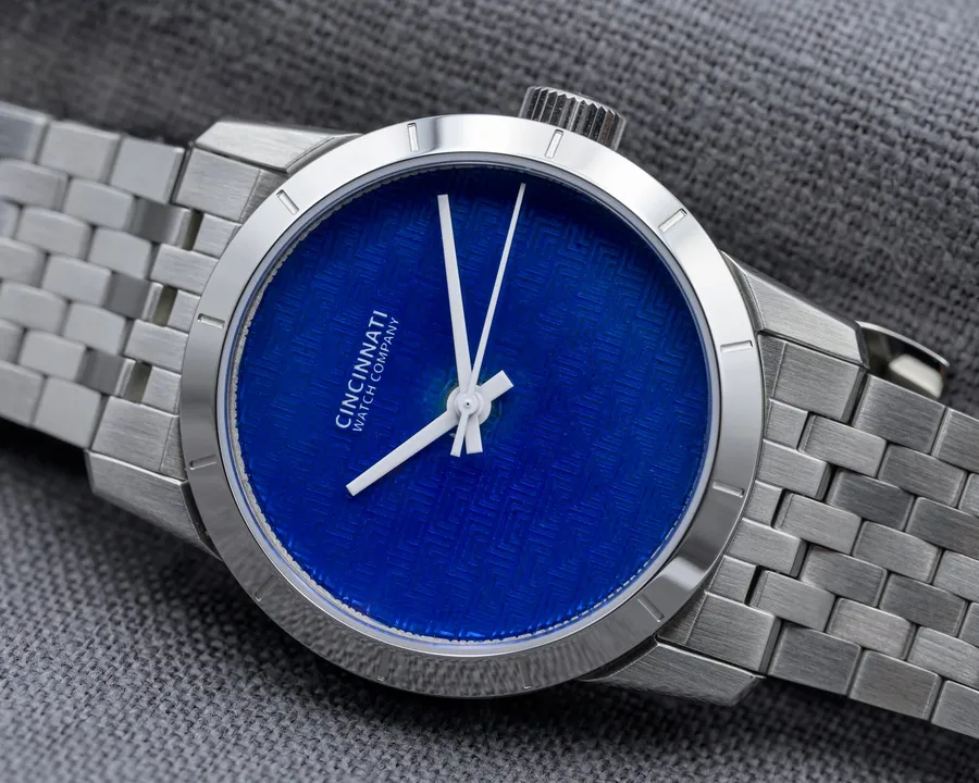 Cincinnati Watch Company Hannaford Blue, ziggurat-pattern blue enamel dial, on a seven-link steel bracelet