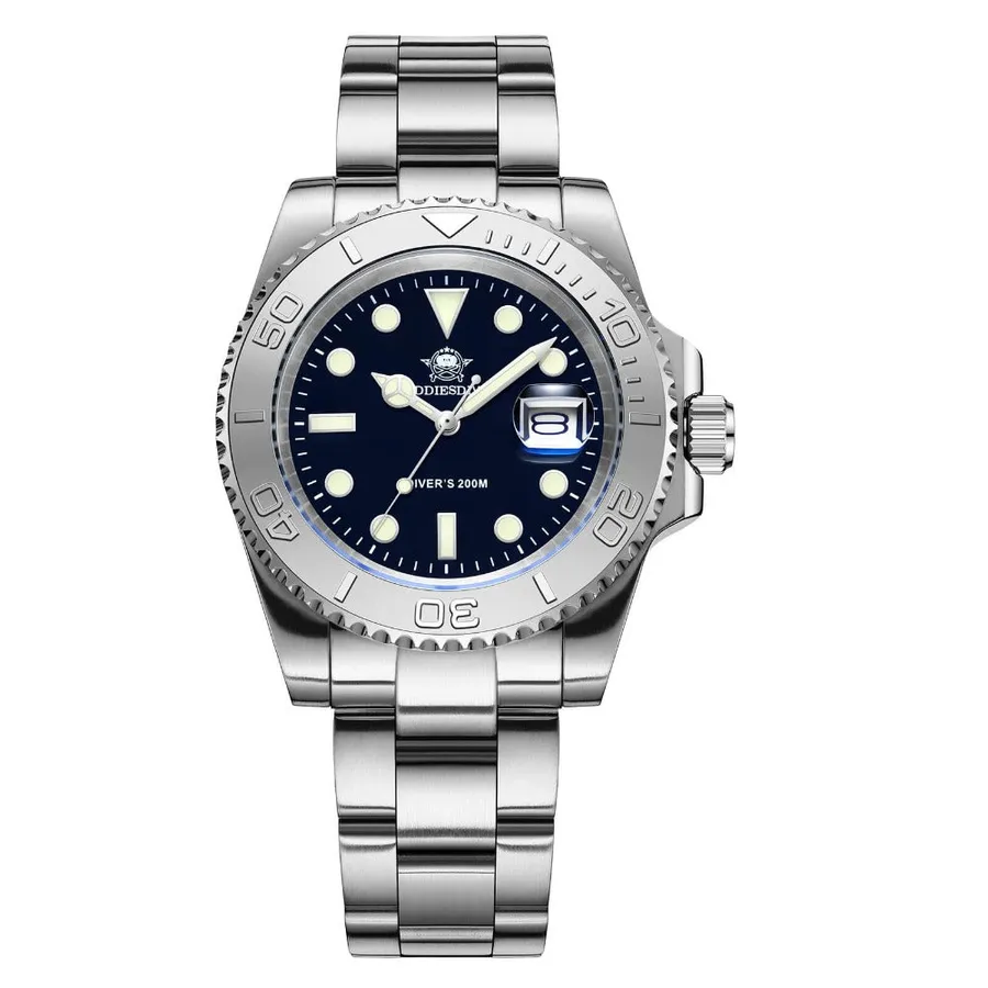 Addiesdive H3C with blue dial and polished steel bezel on a three-link steel bracelet