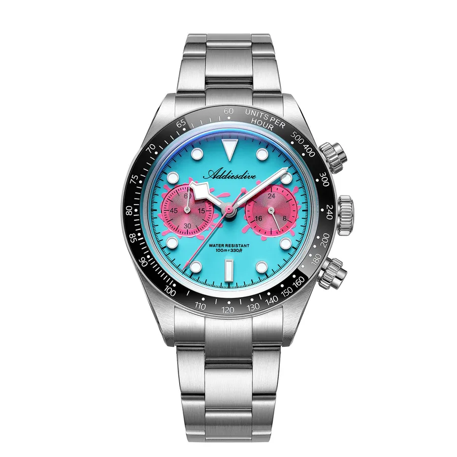 Addiesdive AD2520 chronograph with turquoise dial, pink paint-splash sub-dials and black tachymeter bezel on a three-link steel bracelet