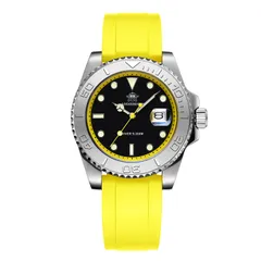 Addiesdive AD2040 with yellow chapter ring and polished steel bezel on a yellow rubber strap