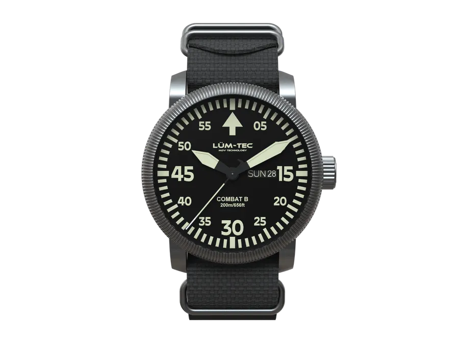 Lüm-Tec Combat B68, black pilot dial with day-date, gunmetal case, front view