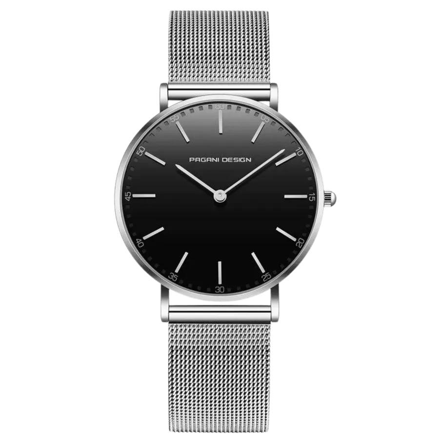 Pagani Design PD-1802L two-hand watch with black dial, steel-tone case and mesh bracelet