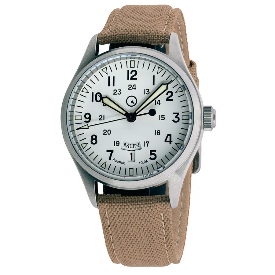 Islander Mitchel DAY-T with white dial and day-date at 6 on khaki nylon strap