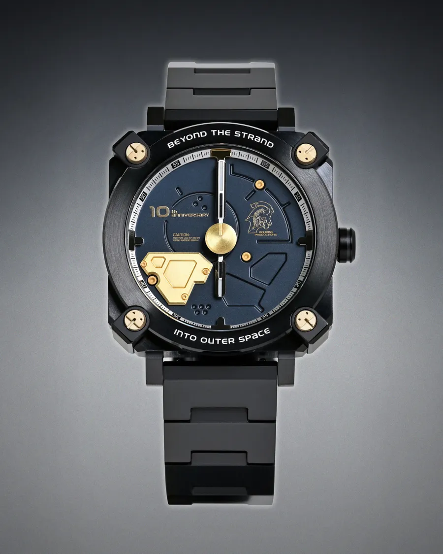 Kojima Productions x Anicorn LUDENS X with a black case, dark technical dial and gold-tone accents, on a black steel band