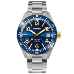 Seestern S434-2.07 with blue dial, blue ceramic bezel and gold-tone bezel edge and crown on steel bracelet