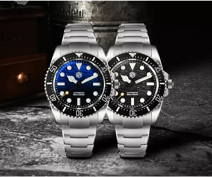 San Martin SN0126-GL 42mm divers with gradient blue-black and black dials, Mercedes hands and black ceramic bezels, on bracelets