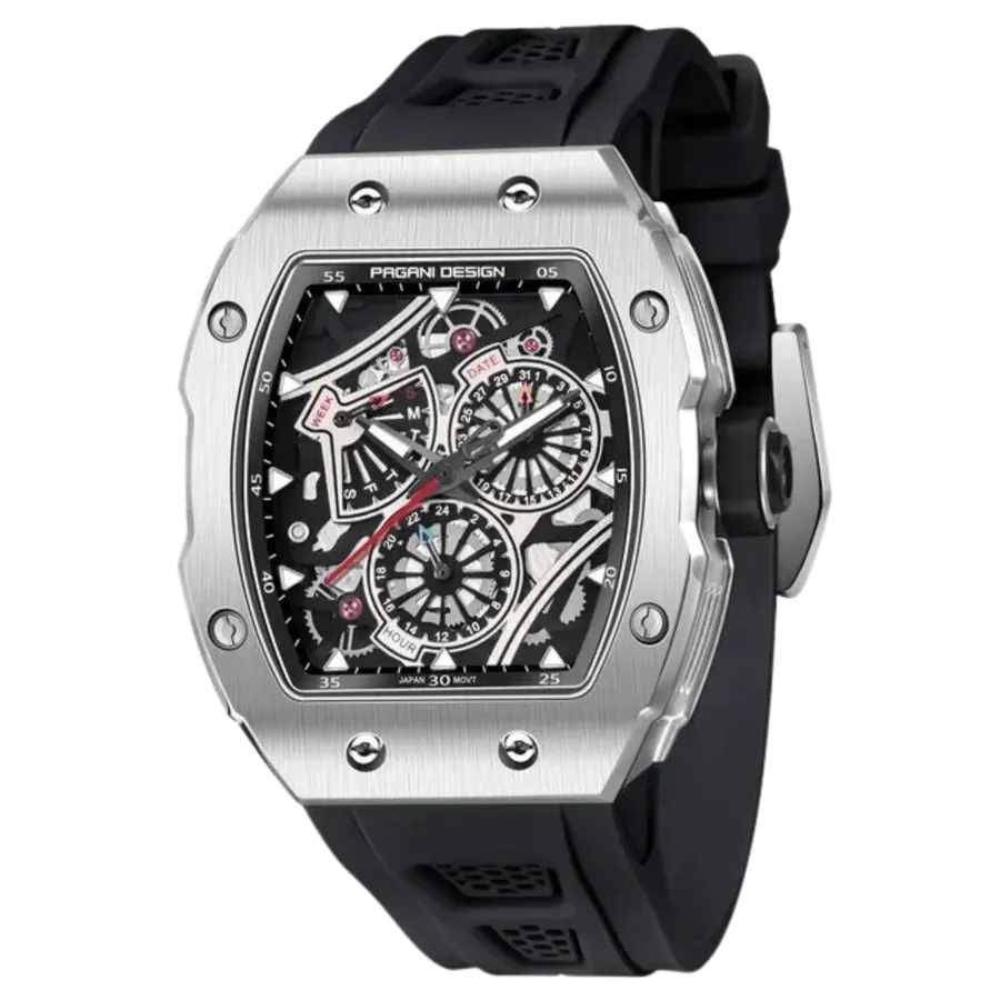 Pagani Design PD-YS012 tonneau watch with skeleton-look dial, retrograde day, date and 24-hour subdials, on black strap