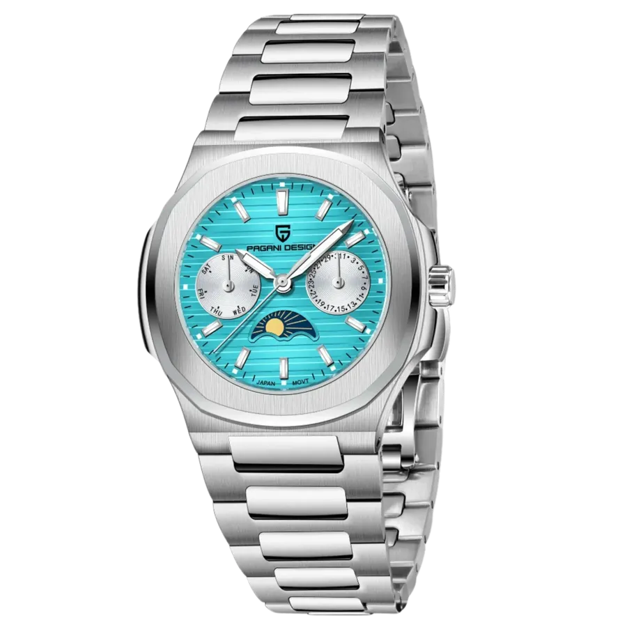 Pagani Design PD-1786 with sky blue dial, day and date subdials and sun-and-moon indicator, on integrated bracelet