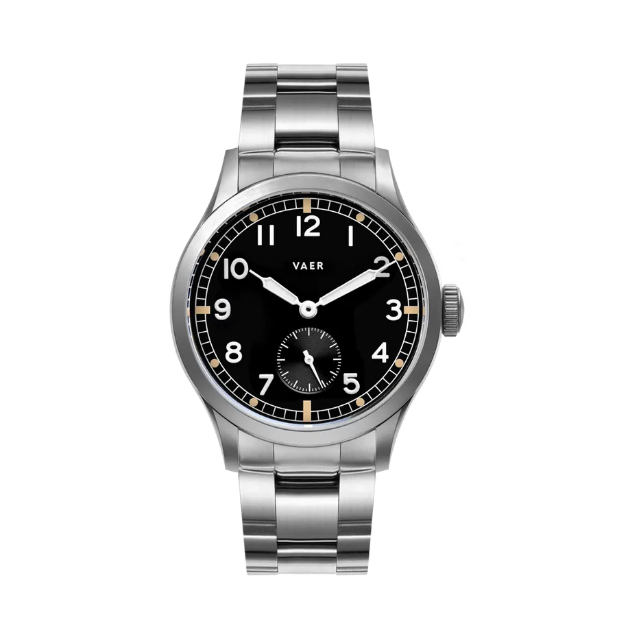 Vaer S5 Dirty Dozen 40mm, black dial with small seconds, on steel bracelet