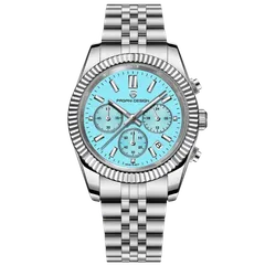 Pagani Design PD-1814 chronograph with sky-blue dial and steel fluted bezel on steel Jubilee-style bracelet