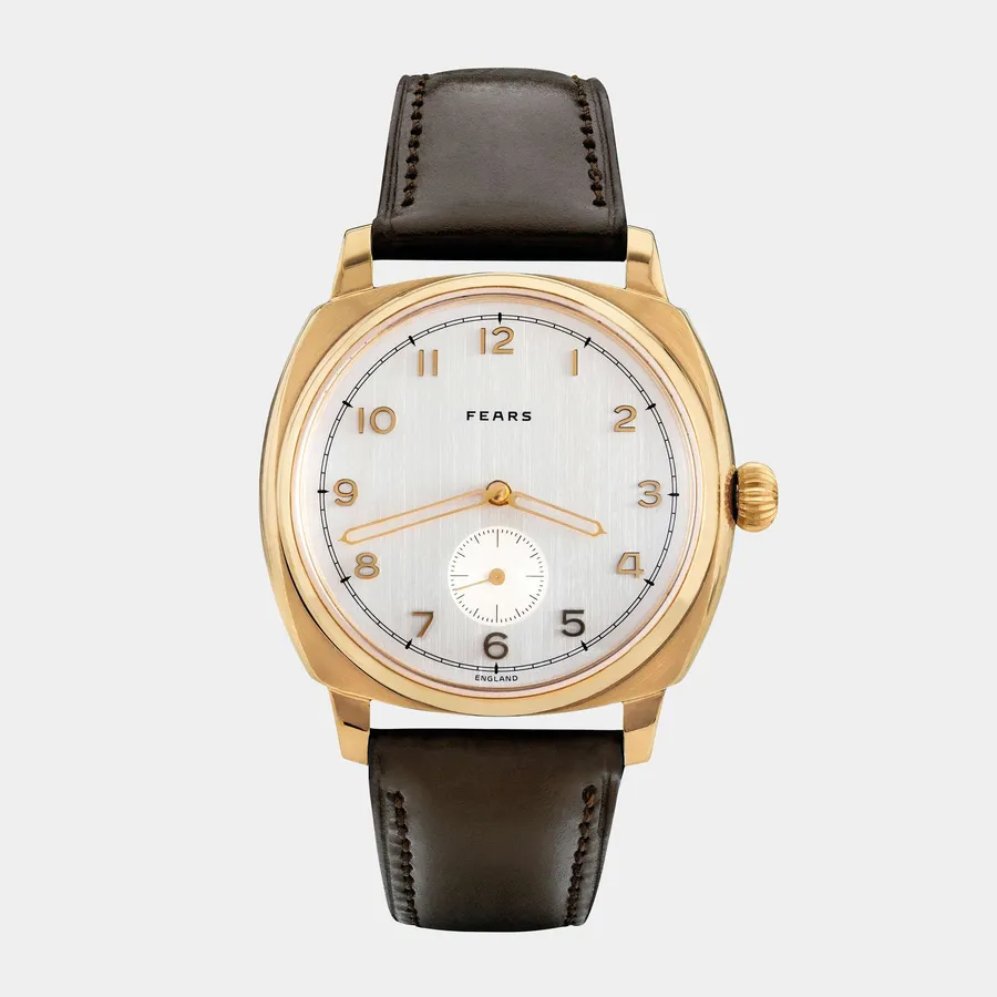 Fears Brunswick Midas with gold-plated case and brushed silver dial on a brown leather strap