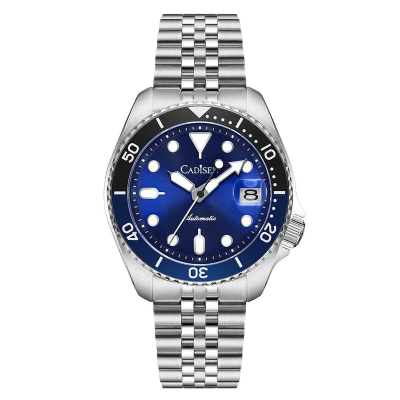 Cadisen C8220 diver with blue dial, 60-minute bezel and magnified date at 3 on a jubilee-style bracelet