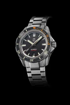 Zelos Swordfish Ti 42mm (2020), black sand dial, black ceramic bezel with orange first quarter